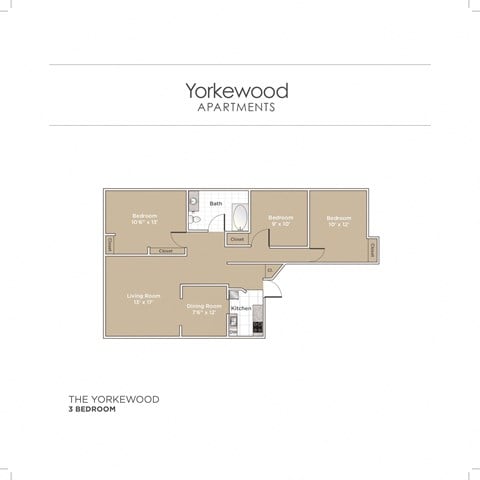 Floor plan for 3 beds, 1 bath, 963 sqft